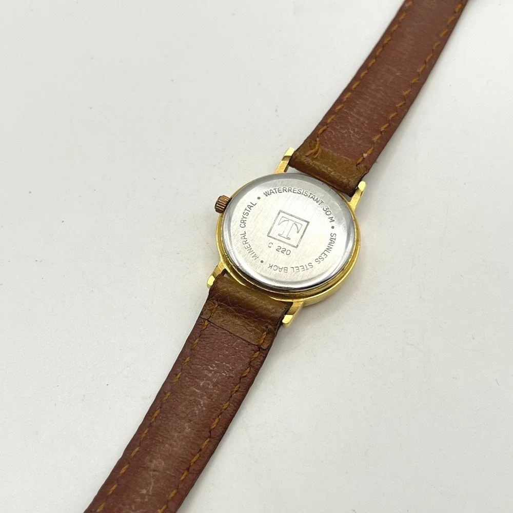 Tissot C220 Moonphase Watch Date Gold Tone Roman Numeral Brown Leather Strap
